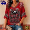 Georgia Bulldogs NCAA Vintage Floral Bow V Neck T Shirt, Trending NCAA V Neck