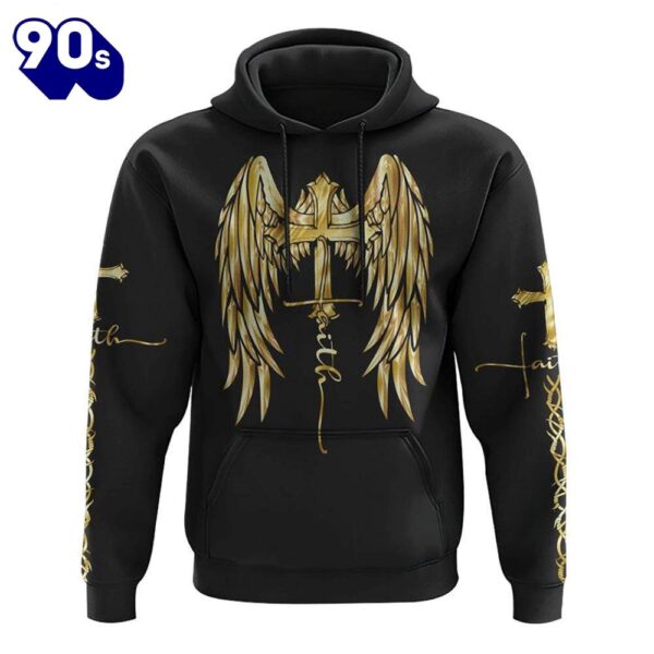 Gold Faith Wings Cross 3D Hoodie