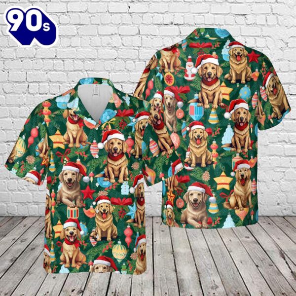 Golden Retriever Dog Wearing Santa Hat Christmas Hawaiian Shirt