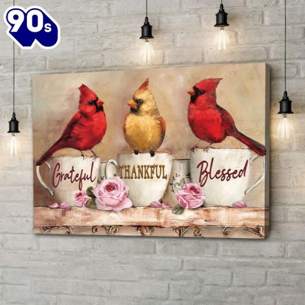 Grateful Thankful Blessed Wall Art Canvas, Cardinal Christian Wall Decor