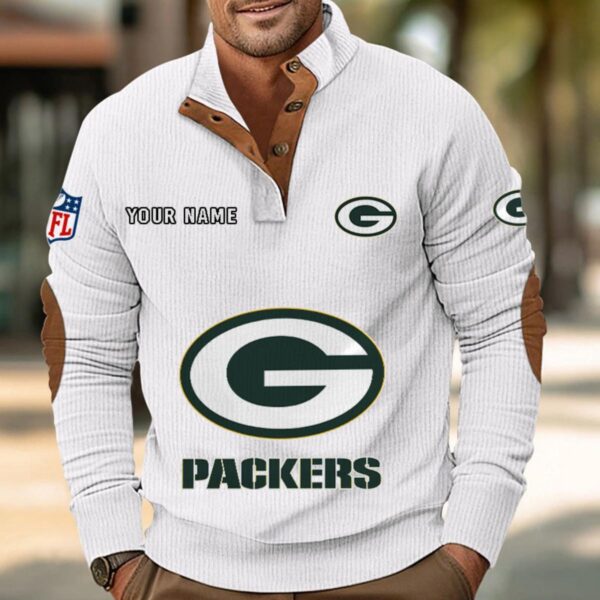 Green Bay Packers Button Up Shirts Stand Collar Long Sleeve Shirt Elbow Patches