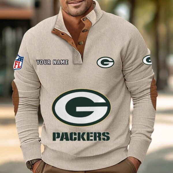Green Bay Packers Button Up Shirts Stand Collar Long Sleeve Shirt Elbow Patches