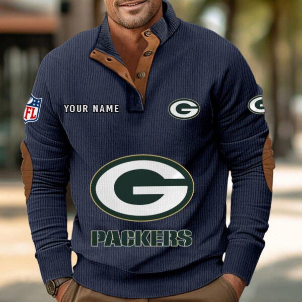 Green Bay Packers Button Up Shirts Stand Collar Long Sleeve Shirt Elbow Patches
