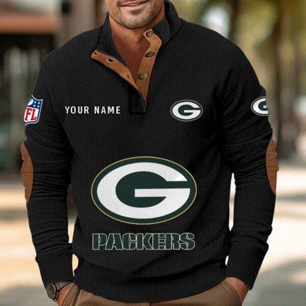 Green Bay Packers Button Up Shirts Stand Collar Long Sleeve Shirt Elbow Patches