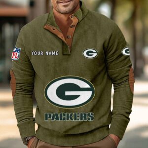Green Bay Packers Button Up Shirts Stand Collar Long Sleeve Shirt Elbow Patches