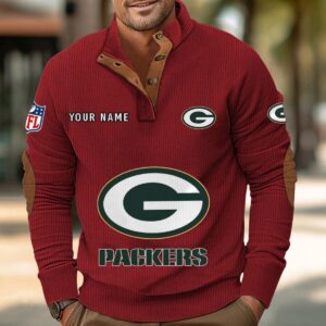 Green Bay Packers Button Up Shirts Stand Collar Long Sleeve Shirt Elbow Patches
