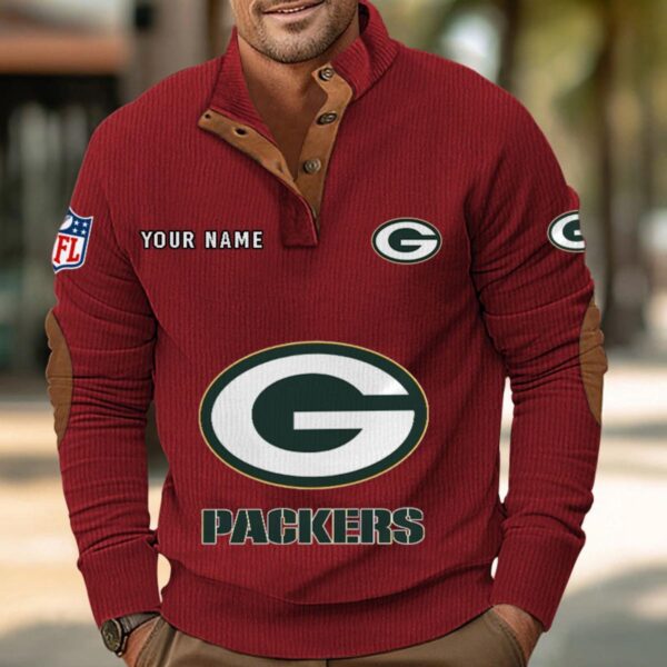 Green Bay Packers Button Up Shirts Stand Collar Long Sleeve Shirt Elbow Patches