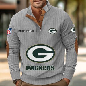 Green Bay Packers Button Up Shirts Stand Collar Long Sleeve Shirt Elbow Patches