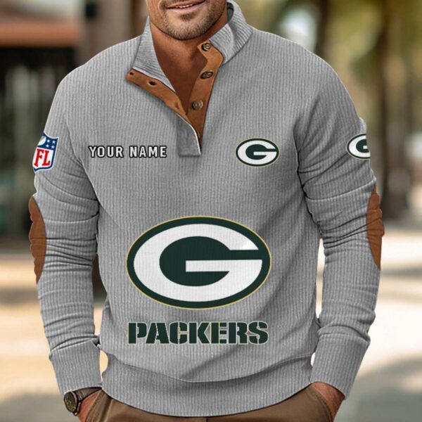 Green Bay Packers Button Up Shirts Stand Collar Long Sleeve Shirt Elbow Patches