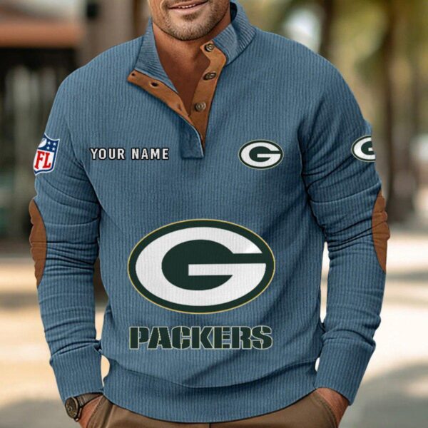 Green Bay Packers Button Up Shirts Stand Collar Long Sleeve Shirt Elbow Patches
