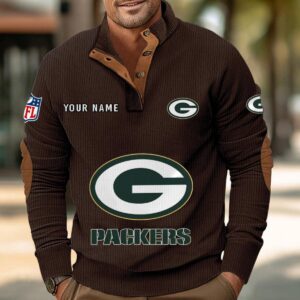 Green Bay Packers Button Up Shirts Stand Collar Long Sleeve Shirt Elbow Patches
