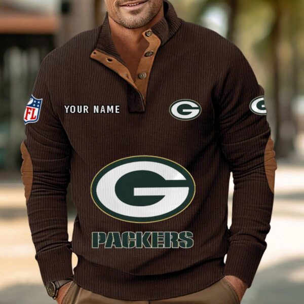 Green Bay Packers Button Up Shirts Stand Collar Long Sleeve Shirt Elbow Patches
