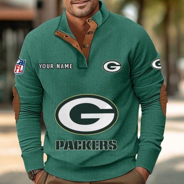 Green Bay Packers Button Up Shirts Stand Collar Long Sleeve Shirt Elbow Patches