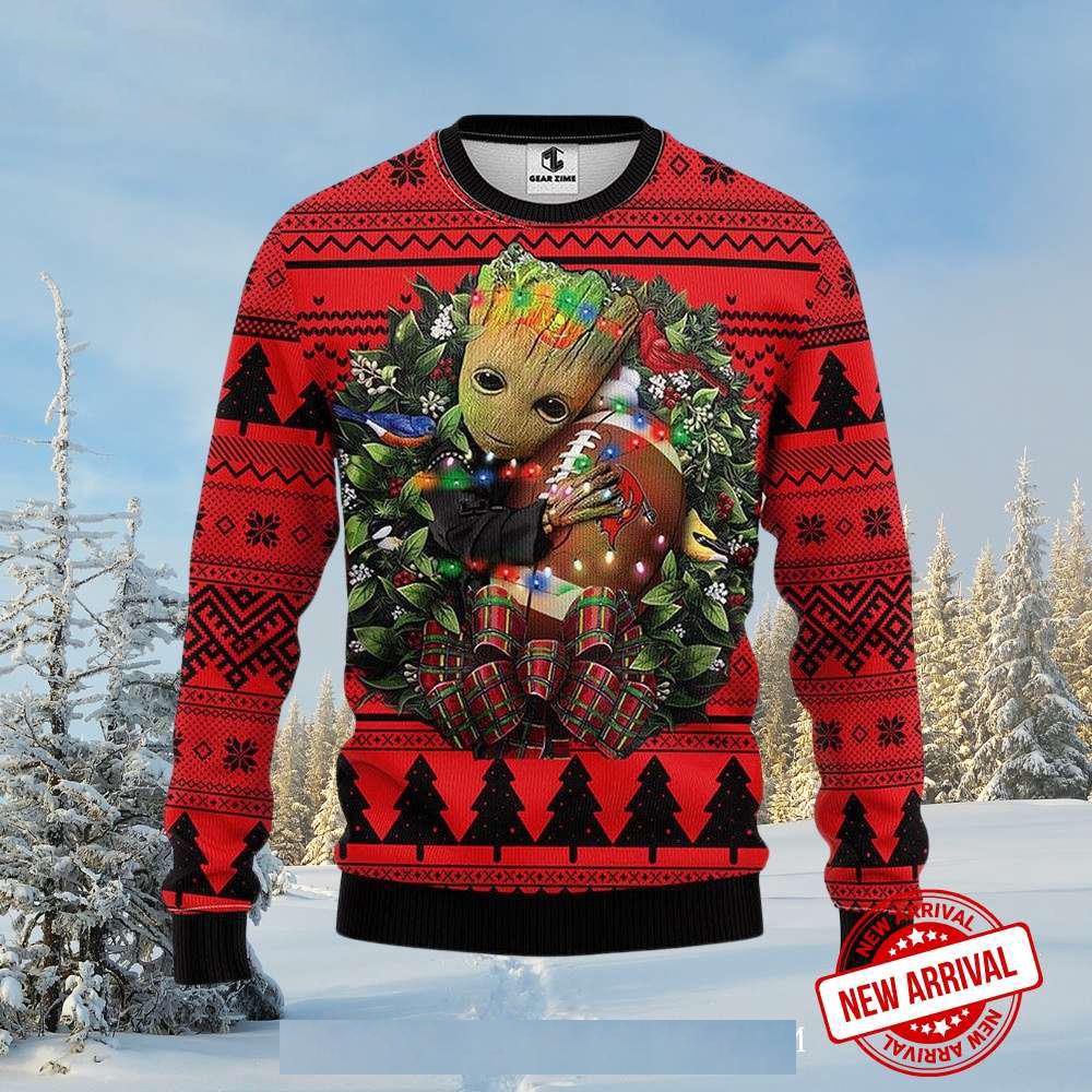Groot Holding Football In Wreath Ugly Christmas Sweater Groot Holding Football In Wreath Ugly Christmas Sweater
