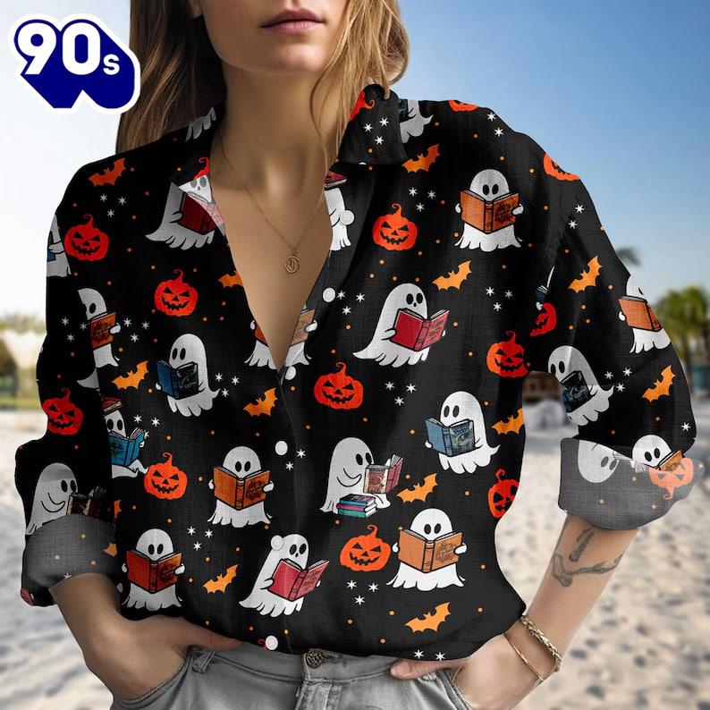 Halloween Ghost Reading Book Blouse Shirt, Pumpkin Women Shirt Halloween Ghost Reading Book Blouse Shirt, Pumpkin Women Shirt