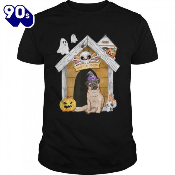 Halloween Pug Dog Witch Haunted House T-Shirt  For Man And Women