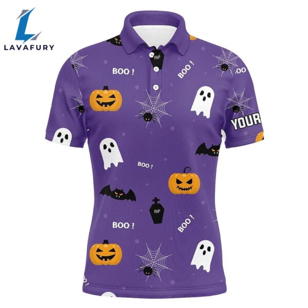 Halloween Seamless With Pumpkin Boo Spider Purple Mens Golf Polo Shirts Funny Golf Tops   Gift Christmas