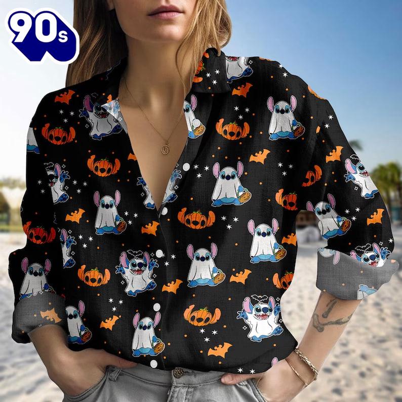 Halloween Stitch Ghost Blouse Shirt, Fall Autumn Leaf Women Shirt, Spooky Season Gift Halloween Stitch Ghost Blouse Shirt, Fall Autumn Leaf Women Shirt, Spooky Season Gift