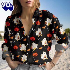 Halloween Winnie The Pooh Ghost Blouse Shirt, Fall Autumn Leaf Women Shirt