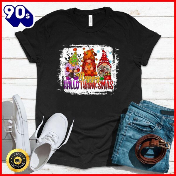 Halloween 2025  Happy Hallothankmas Gnome Halloween Christmas Thanksgiving T-Shirt