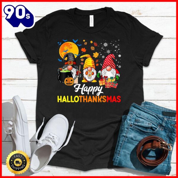 Halloween 2025  Happy Hallothanksmas Gnomes Halloween Thanksgiving Christmas T-Shirt