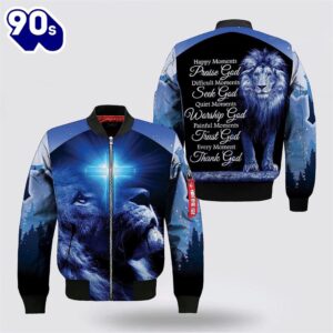 Happy Moment Praise God Lion Cross Blue Light Bomber Jacket – Christian Bomber Shirts for Men and Women Gift Christian