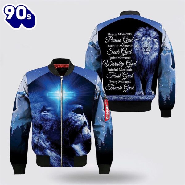 Happy Moment Praise God Lion Cross Blue Light Bomber Jacket – Christian Bomber Shirts for Men and Women Gift Christian