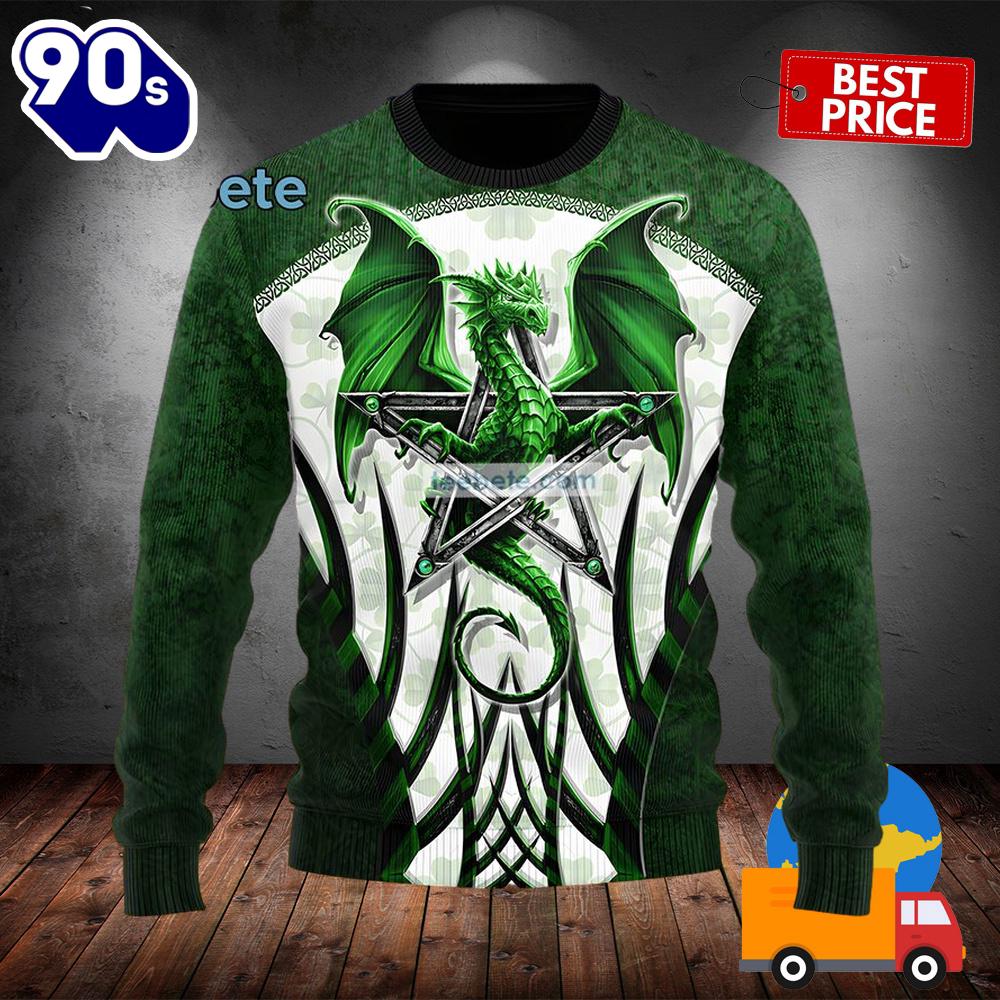 Happy St Patrick Dragon And Pentagram Green Mens Ugly Sweaters 2025 Happy St Patrick Dragon And Pentagram Green Mens Ugly Sweaters 2025