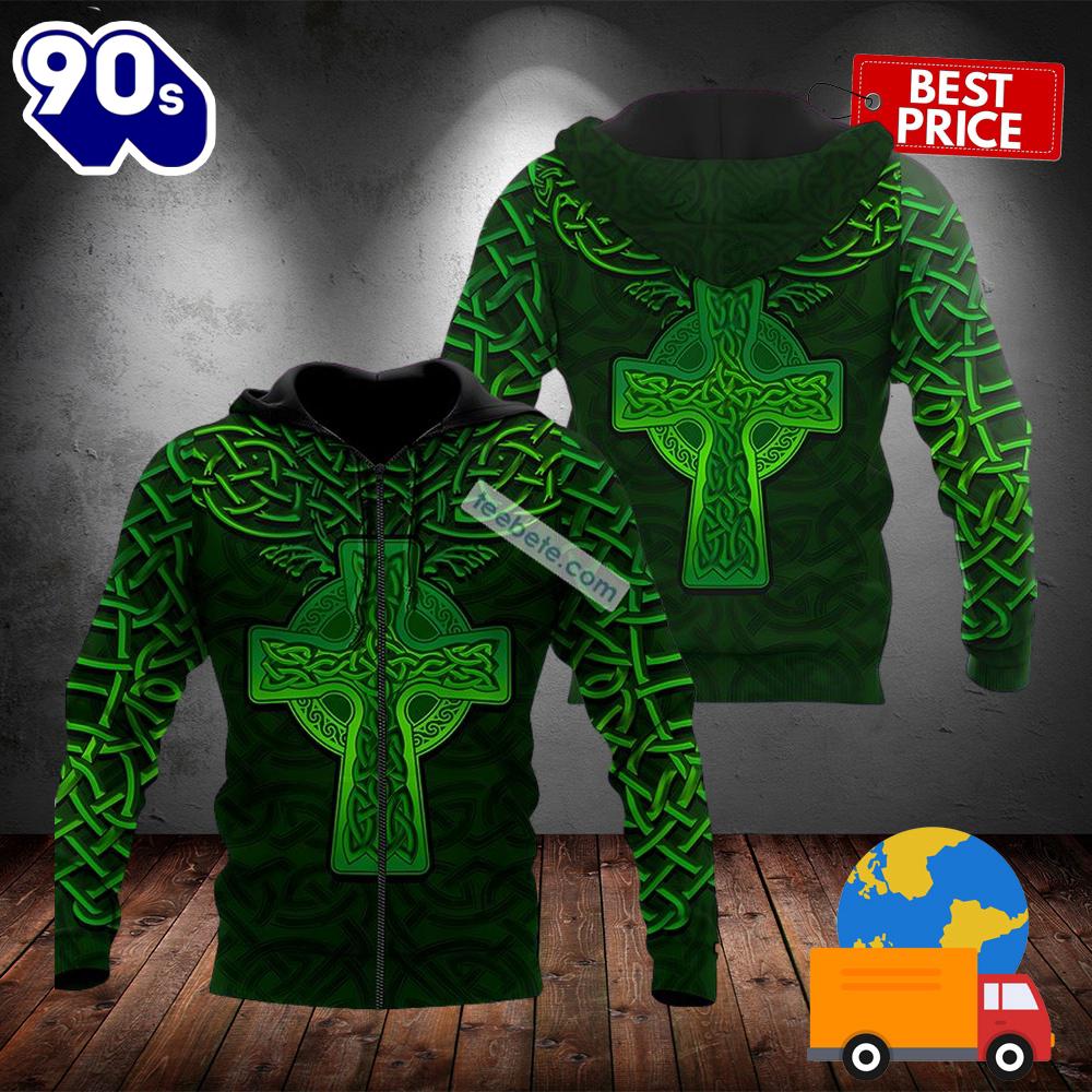 Happy St Patricks Day With Celtic Cross Green 3D Zip Up Hoodie 2025 Happy St Patricks Day With Celtic Cross Green 3D Zip Up Hoodie 2025