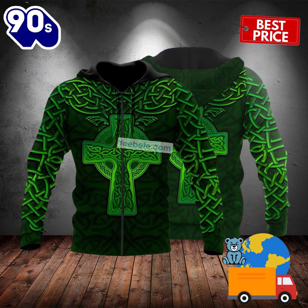 Happy St Patricks Day With Celtic Cross Green 3D Zip Up Hoodie 2025 Happy St Patricks Day With Celtic Cross Green 3D Zip Up Hoodie 2025