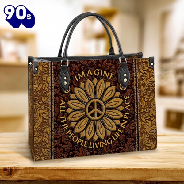 Hippie Sunflower Imagine All The People Living Life In Peace Leather Bag Christ Gifts Leather Bags  Gift For  Women Christmas