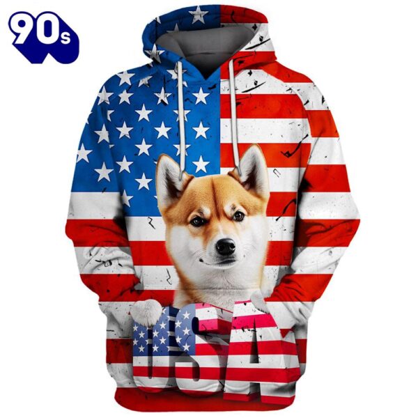 Hokkaido Dog 3D Face Graphic Premium America Flag Hoodie   Gift Christmas
