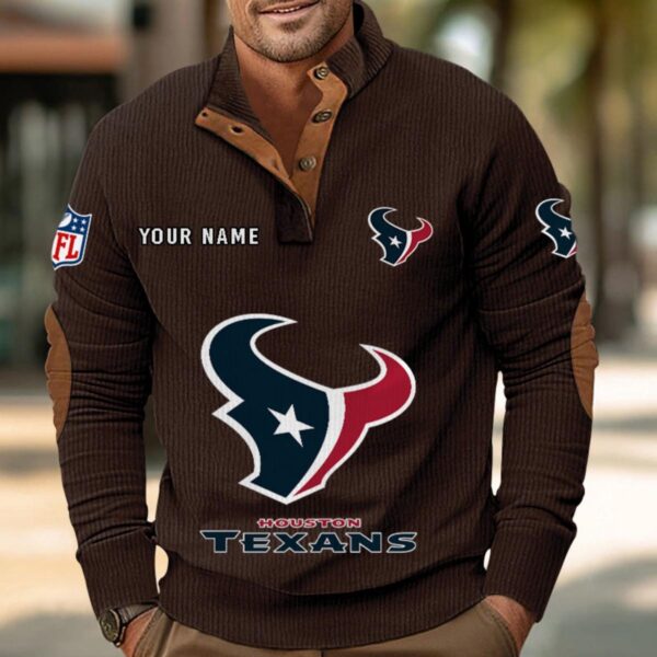 Houston Texans Button Up Shirts Stand Collar Long Sleeve Shirt Elbow Patches