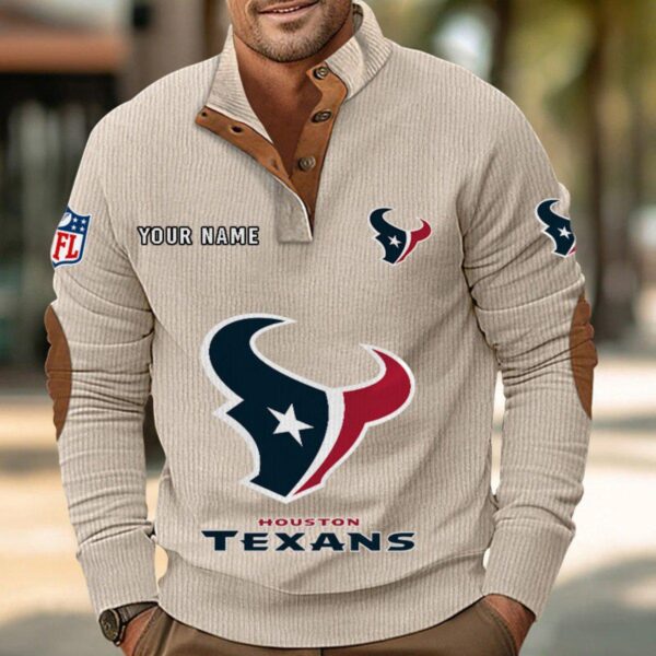 Houston Texans Button Up Shirts Stand Collar Long Sleeve Shirt Elbow Patches