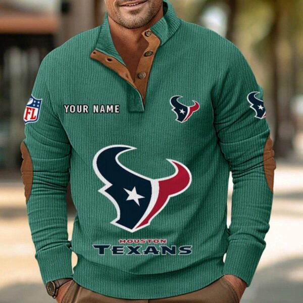 Houston Texans Button Up Shirts Stand Collar Long Sleeve Shirt Elbow Patches