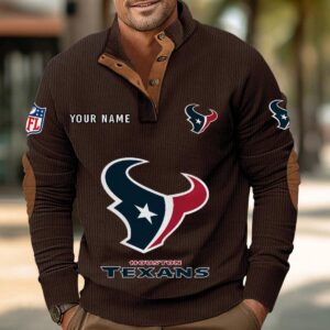 Houston Texans Button Up Shirts Stand Collar Long Sleeve Shirt Elbow Patches