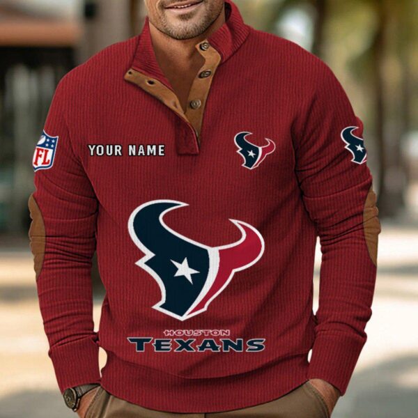 Houston Texans Button Up Shirts Stand Collar Long Sleeve Shirt Elbow Patches