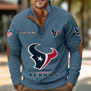 Houston Texans Button Up Shirts Stand Collar Long Sleeve Shirt Elbow Patches
