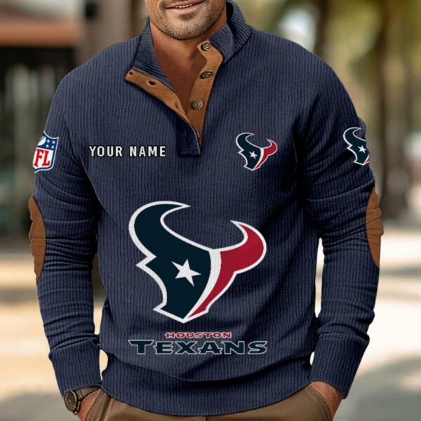 Houston Texans Button Up Shirts Stand Collar Long Sleeve Shirt Elbow Patches