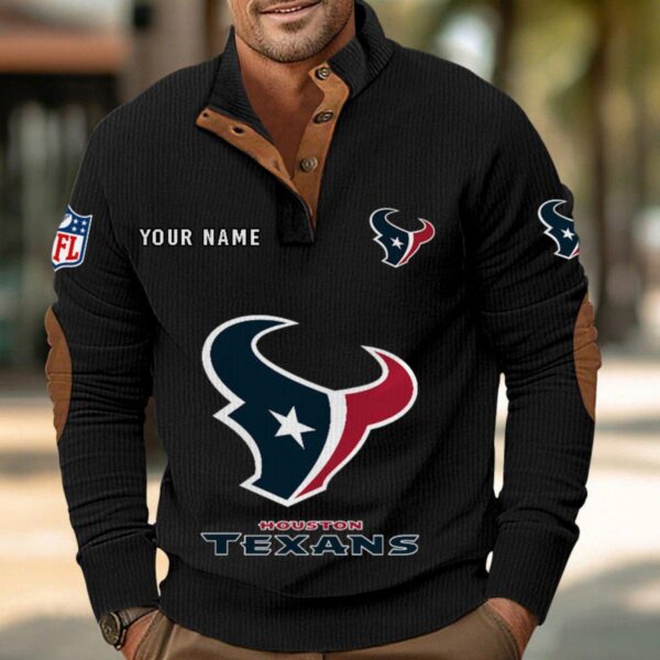 Houston Texans Button Up Shirts Stand Collar Long Sleeve Shirt Elbow Patches