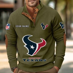 Houston Texans Button Up Shirts Stand Collar Long Sleeve Shirt Elbow Patches