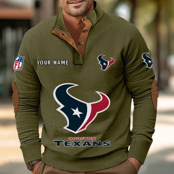 Houston Texans Button Up Shirts Stand Collar Long Sleeve Shirt Elbow Patches