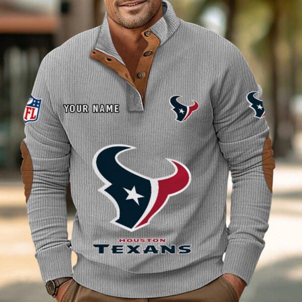 Houston Texans Button Up Shirts Stand Collar Long Sleeve Shirt Elbow Patches