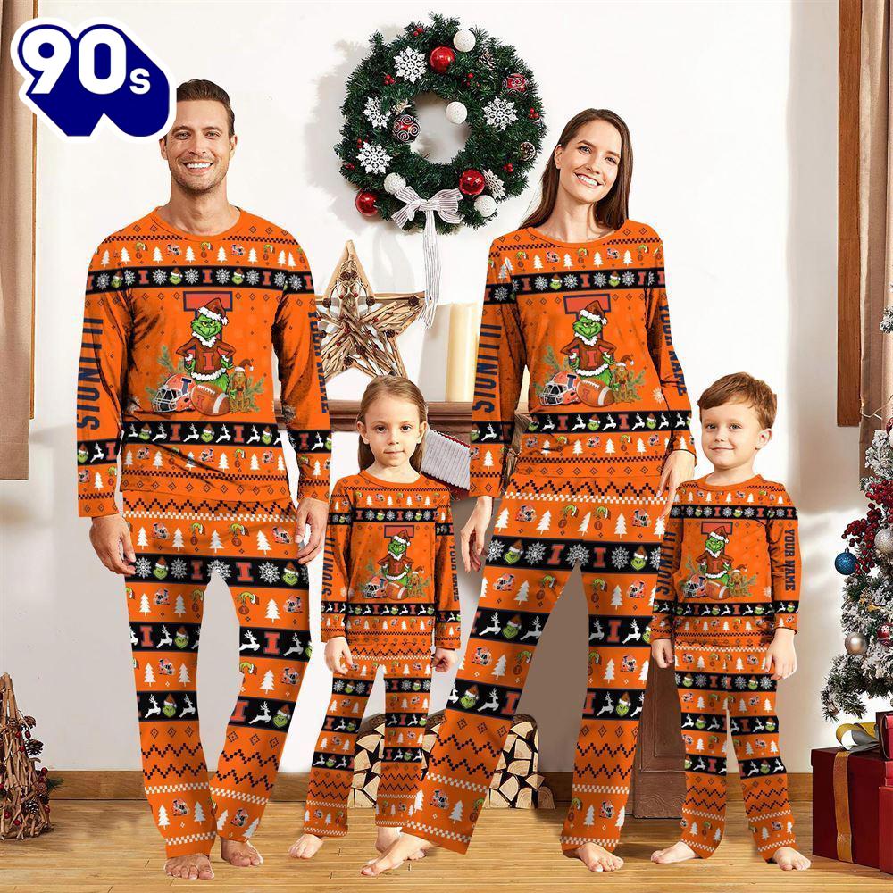 Illinois Fighting Illini NCAA Custom Name Grinch Christmas And Sport Team Pajama Set Gift Christmas Illinois Fighting Illini NCAA Custom Name Grinch Christmas And Sport Team Pajama Set Gift Christmas