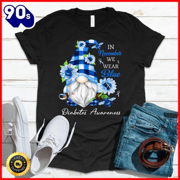 Halloween 2025  In November We Wear Blue Gnome Diabetes Awareness T-Shirt