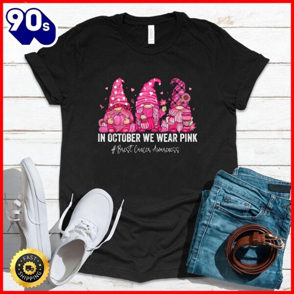 Halloween 2025  In October We Wear Pink Gnomes Breast Cancer Awareness T-Shirt