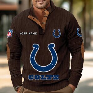 Indianapolis Colts Button Up Shirts Stand Collar Long Sleeve Shirt Elbow Patches
