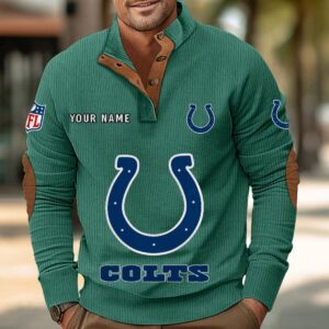 Indianapolis Colts Button Up Shirts Stand Collar Long Sleeve Shirt Elbow Patches