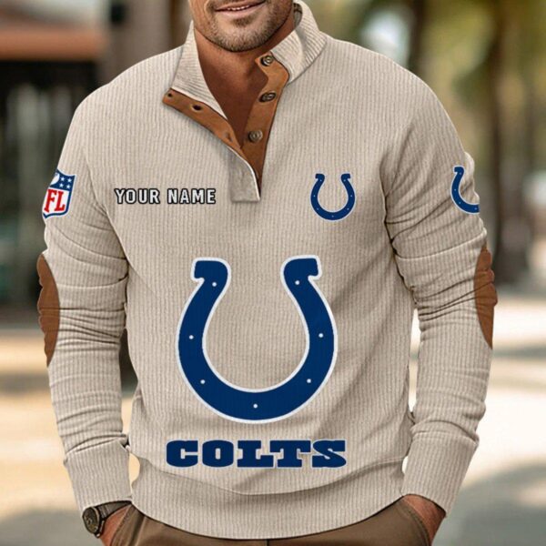 Indianapolis Colts Button Up Shirts Stand Collar Long Sleeve Shirt Elbow Patches