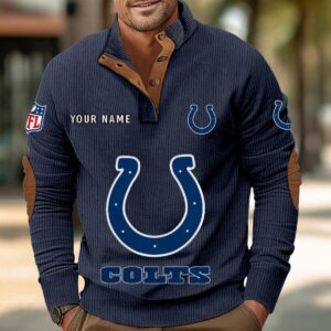 Indianapolis Colts Button Up Shirts Stand Collar Long Sleeve Shirt Elbow Patches
